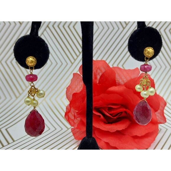 Maroon Teardrop Earrings Natural Stone 825 Gold Dangle Pearls Long 2.25" - Picture 5 of 6